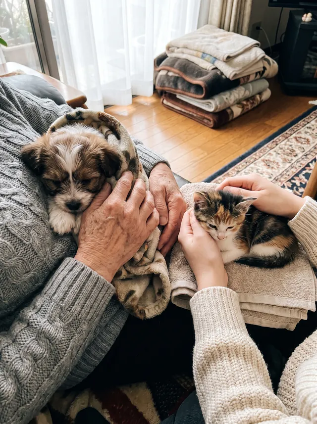 子犬と子猫をだく、母と娘の手（イメージ）